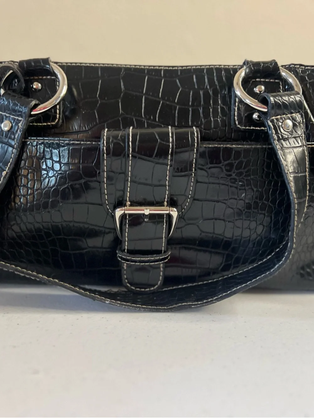 Vintage Worthington black crocodile-embossed Rectangle purse tote bag Y2K - Picture 3 of 12